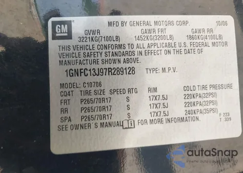 2007 Chevrolet Tahoe Lt из США, поврежденный, VIN 1GNFC13J97R289128